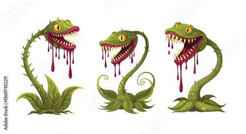 Three unique versions of a monstrous carnivorous plant with sharp teeth and red liquid dripping from its open mouth in a fantasy style.