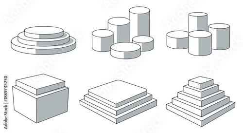 Set of gray and white 3D geometric podiums and platforms in various shapes like cylinders and pyramids for product display mockups.