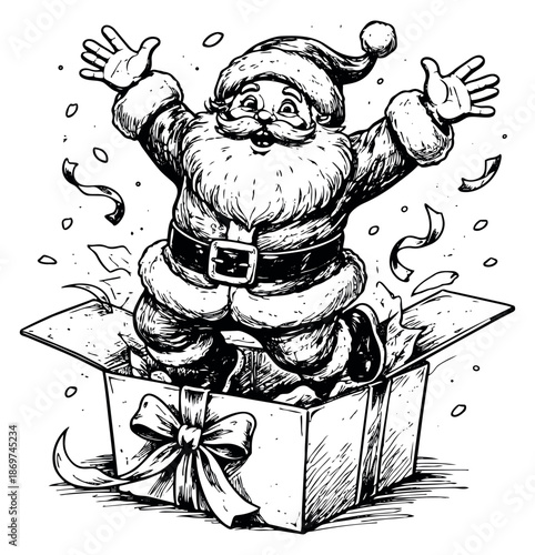Hand drawn line art illustration of Santa Claus depicting him jumping out of a gift box for Christmas surprise