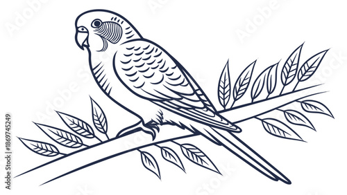 Detailed illustration of a parrot perched on a branch with leaves