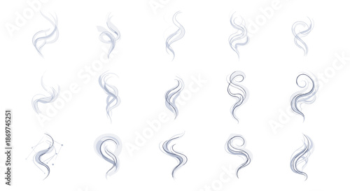 Set of fifteen different wispy gray smoke or steam trails in various swirls and shapes for atmospheric design and environmental effects.