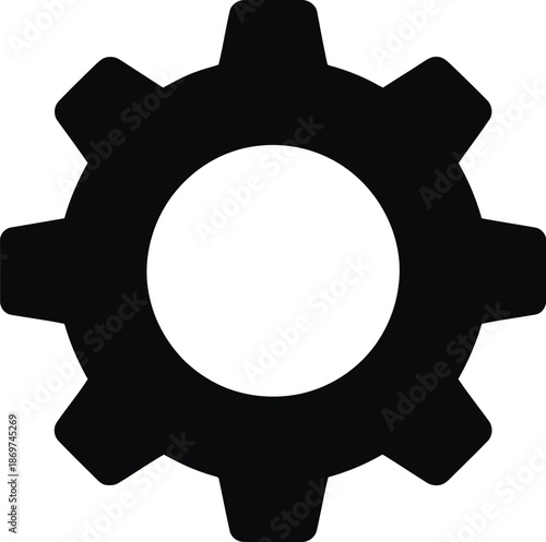 A solid black silhouette of a mechanical gear with a central circular cutout is presented isolated on a white background.