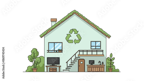 A green house with a recycling symbol and plants around it