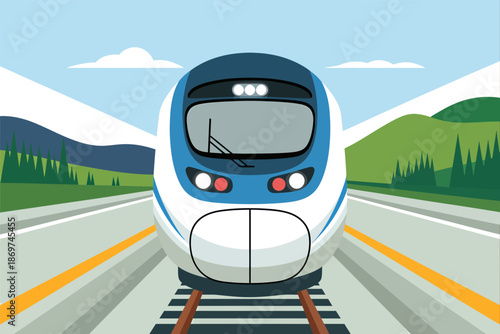 Front view of a modern, streamlined bullet train speeding along rails through a green countryside landscape.