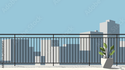 A minimalist cityscape view from a balcony with a potted plant and metal railing.