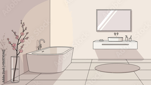 A minimalist bathroom with a freestanding tub, floating sink, and pink flowers in a vase.