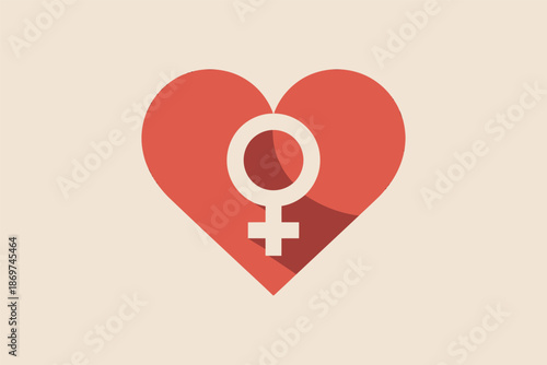 Simple red heart shape overlaid with a white female gender symbol against a beige background.