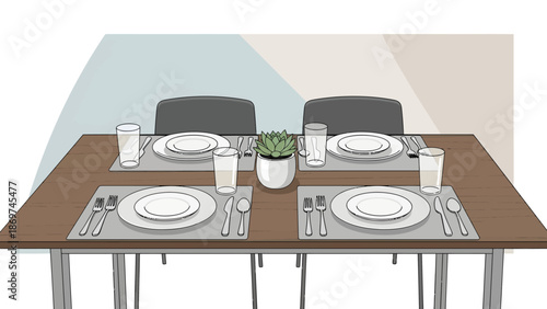A minimalist dining table setting with four place settings and a potted plant