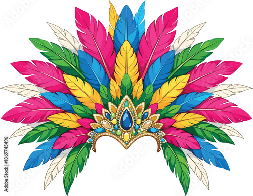 Colorful feathered headdress with intricate gemstone details