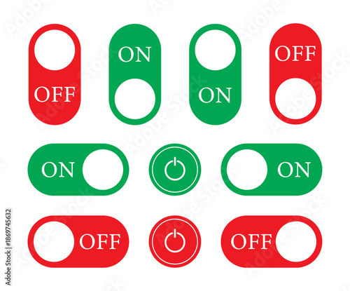 Power on off toggle switch icon set with green on and red off states in rounded capsule shape for mobile apps, websites, system settings, dashboards and user interface controls