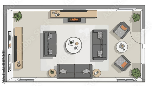 Overhead view of a modern living room with gray couches and furniture