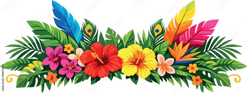 Fototapeta premium Tropical floral arrangement with colorful feathers and peacock eyes