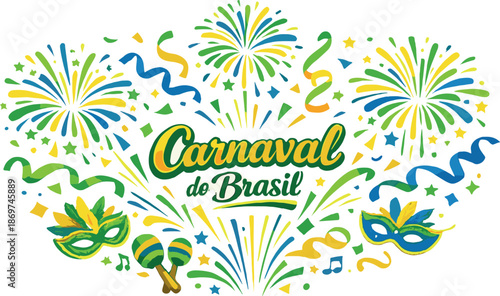 Brazilian Carnival celebration with fireworks and masks