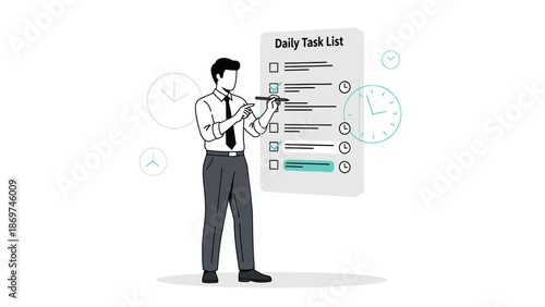 Man checking off daily task list with checklist and clocks, time management concept