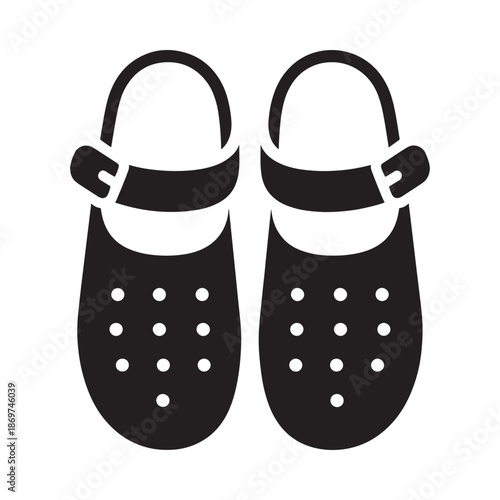 Simple black and white illustration of a pair of clog shoes