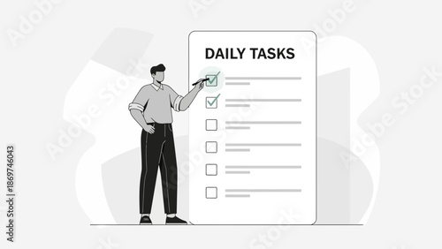 Man checking off daily tasks on a checklist, planning, organization, productivity concept