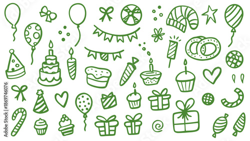 Retro vintage birthday themed doodle icons. Doodle sketch drawings in grunge charcoal style for winter holidays party celebration perfect for posters and invitation cards.
