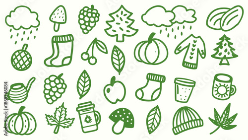 Retro vintage autumn themed doodle icons. Doodle sketch drawings in grunge charcoal style for winter holidays party celebration perfect for posters and invitation cards.