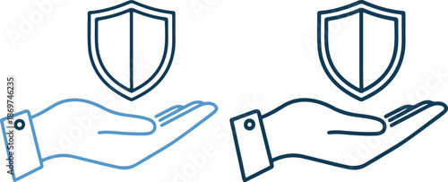 Two hands with shields on top in blue line art style