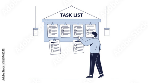 Man checking off items on a task list board, planning, organization, productivity