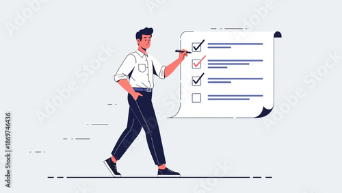 Man checking off tasks on a checklist, business planning and organization concept illustration.