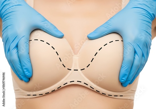 Cosmetic Surgery Preparation: Doctor Hands Marking Planned Breast Augmentation Incisions.
