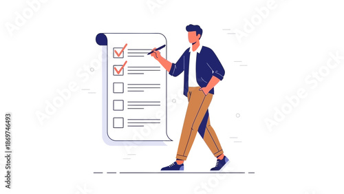 Man checking off tasks on a checklist, modern flat illustration