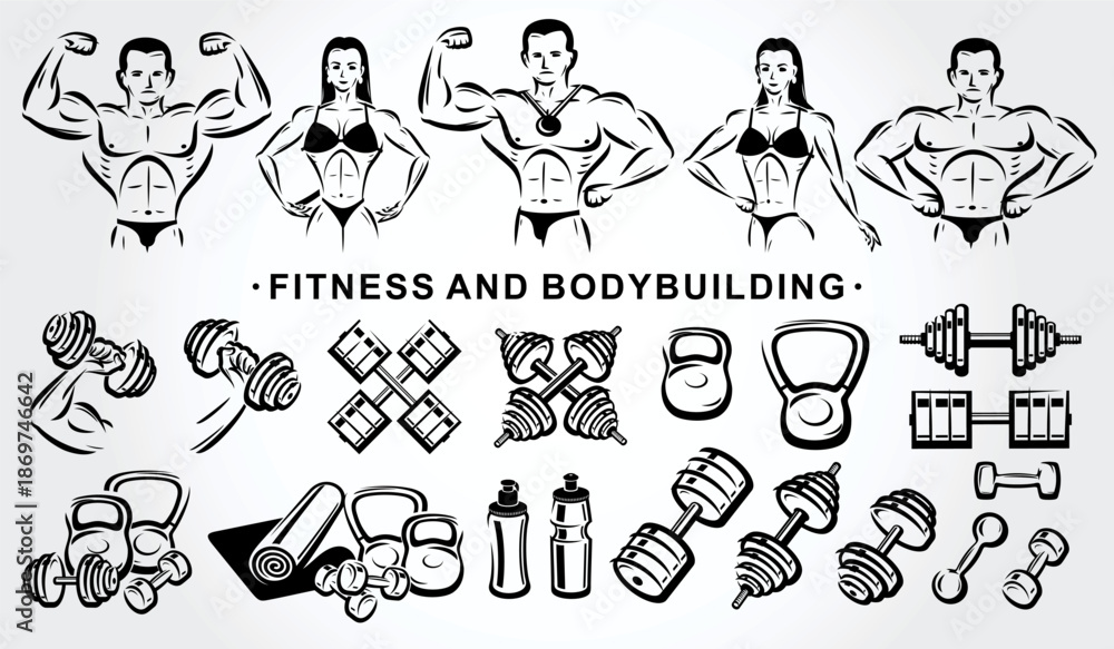 Fototapeta premium Fitness and bodybuilding icon set. Collection icon fitness. Vector