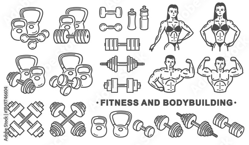 Fitness and bodybuilding icon set. Collection icon fitness. Vector