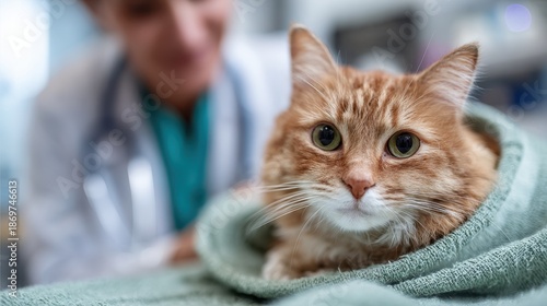 Veterinarian with stethoscope cradling a post surgery spayed cat in a clinic looking at the camera