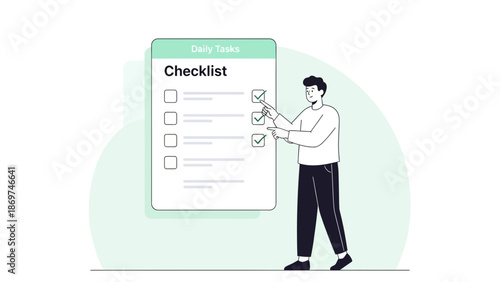 Man checking off tasks on a daily checklist with checkmarks, modern flat illustration