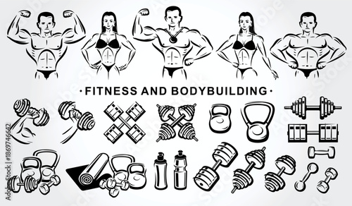 Fitness and bodybuilding icon set. Collection icon fitness. Vector