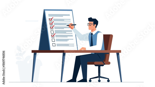 Man Checking Off Tasks on a Large Checklist Board