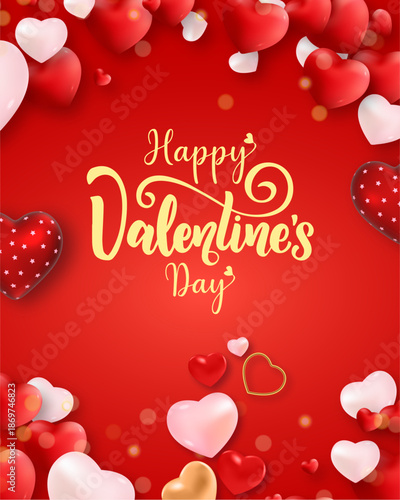 Happy Valentine's Day Poster or banner with cute font, sweet hearts and gift box on red background.Promotion and shopping template or background for Love and Valentine's day concept