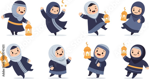 Cute Muslim Girl Character Set Holding Lanterns for Ramadan Kareem and Eid Mubarak Celebration