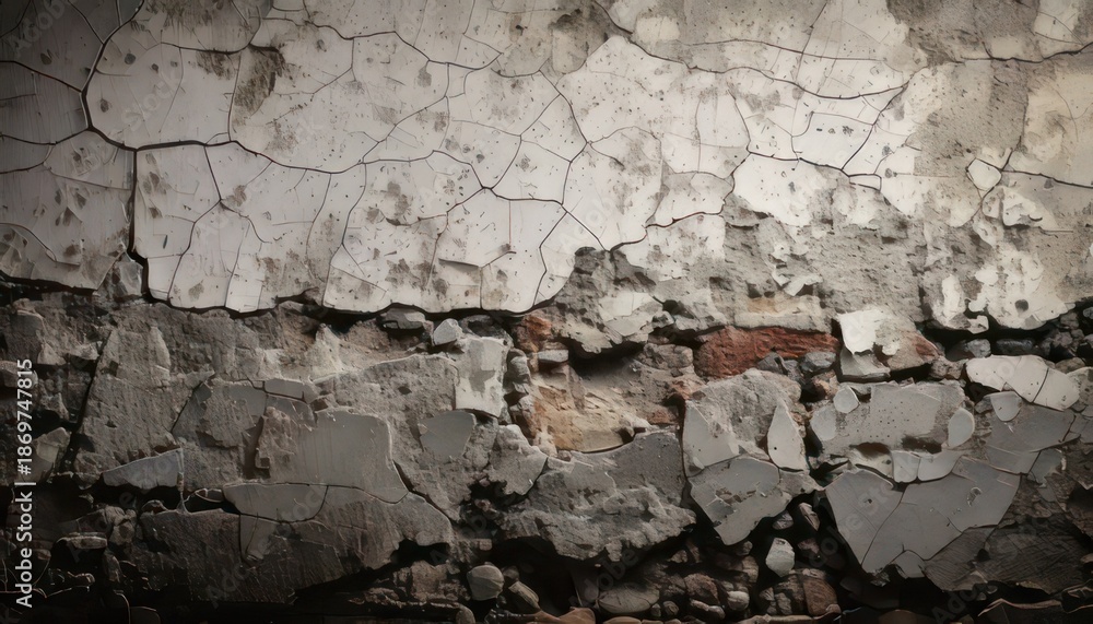 Obraz premium Weathered Wall Texture - A Detailed Close-Up of Cracked Plaster and Exposed Brick.