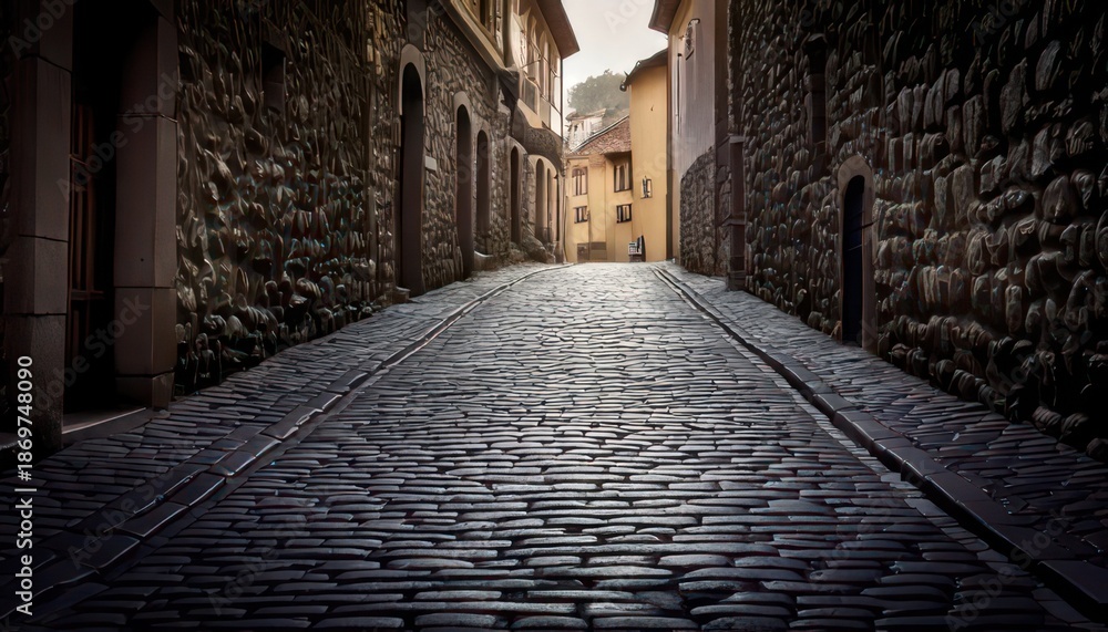 Naklejka premium Narrow Cobblestone Street in Historic European Town with Stone Buildings and Dim Lighting.