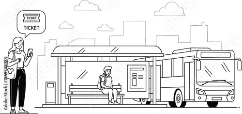 Line Art Illustration of People Waiting at Bus Stop Station with Woman Buying Digital Ticket on Smartphone in Modern City