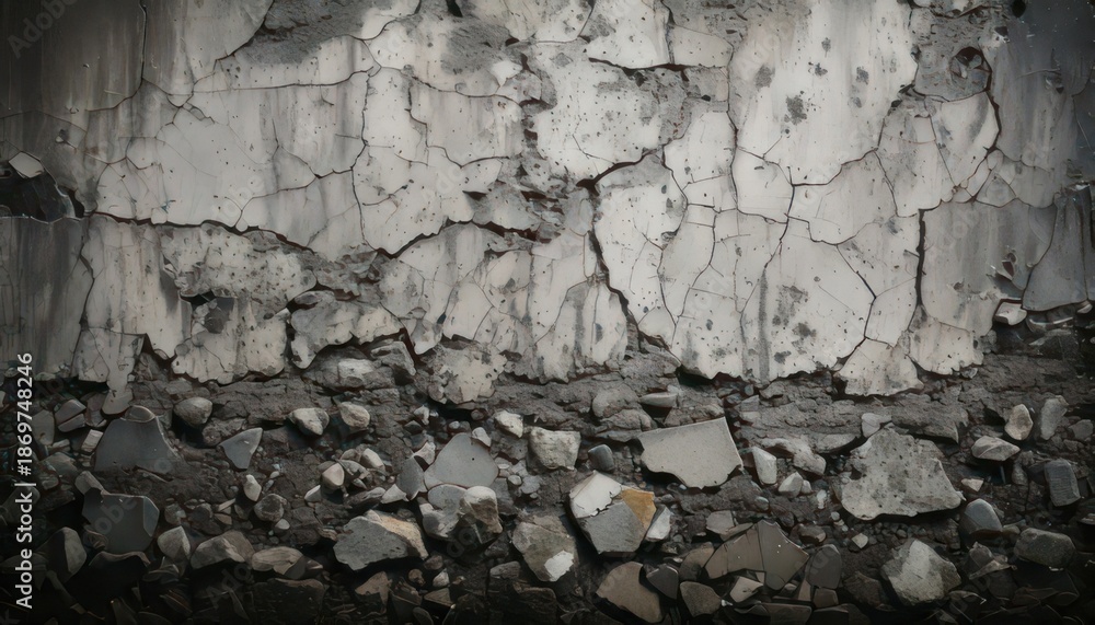 Fototapeta premium Weathered Concrete Wall with Cracks and Debris, Grunge Texture, Damaged Surface.