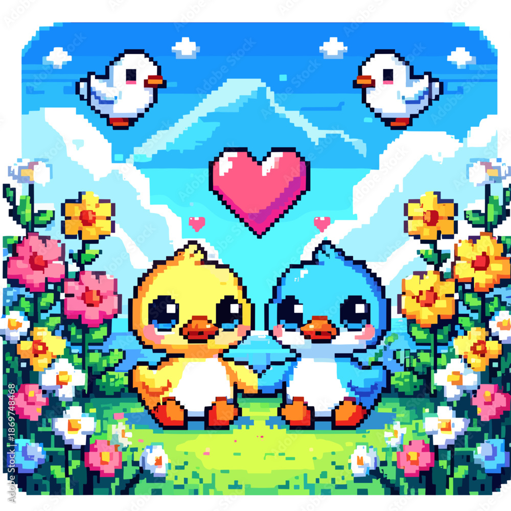 Fototapeta premium Two cute pixel art ducks in love sitting in a colorful flower field with blue sky and mountains 