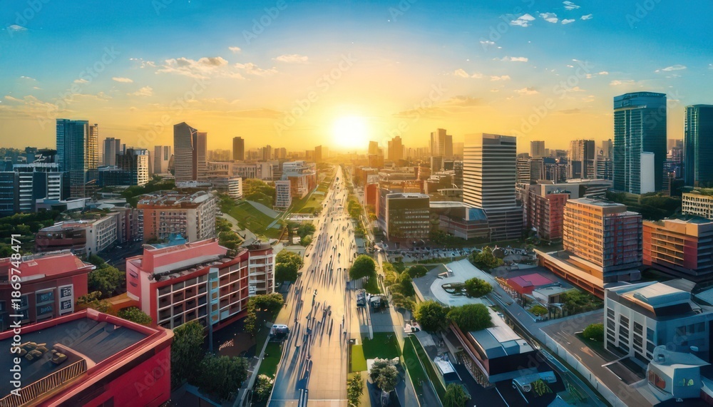 Naklejka premium Stunning Aerial View of a Modern Cityscape at Sunset, Golden Hour.