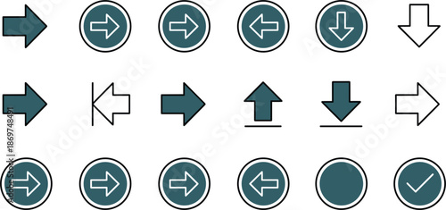 Professional arrow icon set featuring directional pointers navigation symbols upload download and back buttons for web interface design