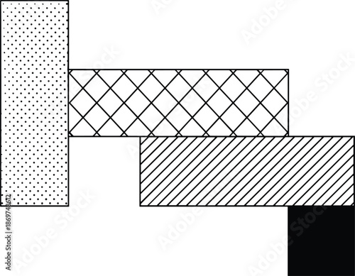 Abstract staggered rectangular block diagram featuring multiple crosshatch stippled and solid fill textures for architectural or engineering design.