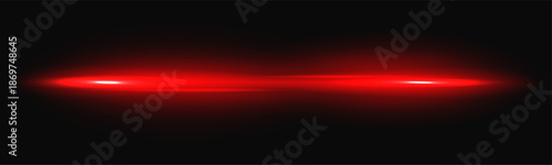 Laser red beam with neon light flare and glowing speed effect for technology background. Bright energy ray with digital shine in dark space. Abstract horizontal vector line isolated overlay