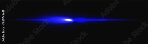 Blue laser beam with neon light line and bright flare for digital background. Horizontal streak overlay with shine and glow speed effect in black dark space. Abstract vector motion ray
