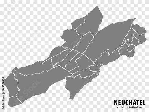 Map Canton of Neuchatel on transparent background. Canton Neuchatel map with municipalities in gray for your design. Switzerland. EPS10.