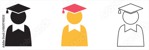Education icons showing academic progress. Set of graduation cap student icons in different styles and colors, representing education levels, learning progress, and academic achievement concepts.