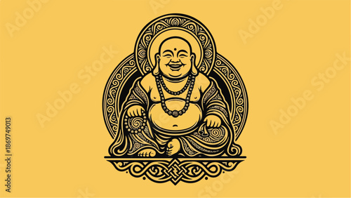 Smiling Buddha Statue in Lotus Position with Golden Aura.