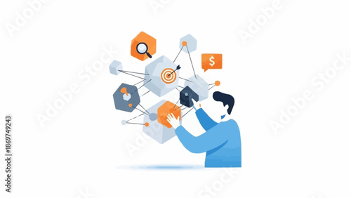 Man connecting gears and icons representing business strategy and data analysis.