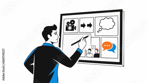 Man drawing storyboard on a large screen with a stylus pen.